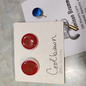 Red earrings & brilliant blue Anodized Aluminum pin